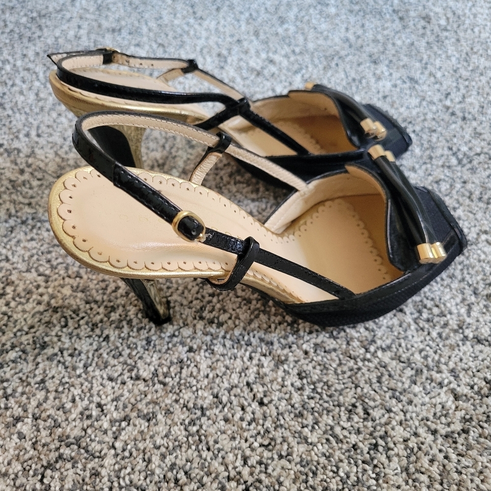 Robert Robert Black and Gold Slingback Leather  Peep Toe Heels Sz 7 US Euro 38 - Picture 3 of 10